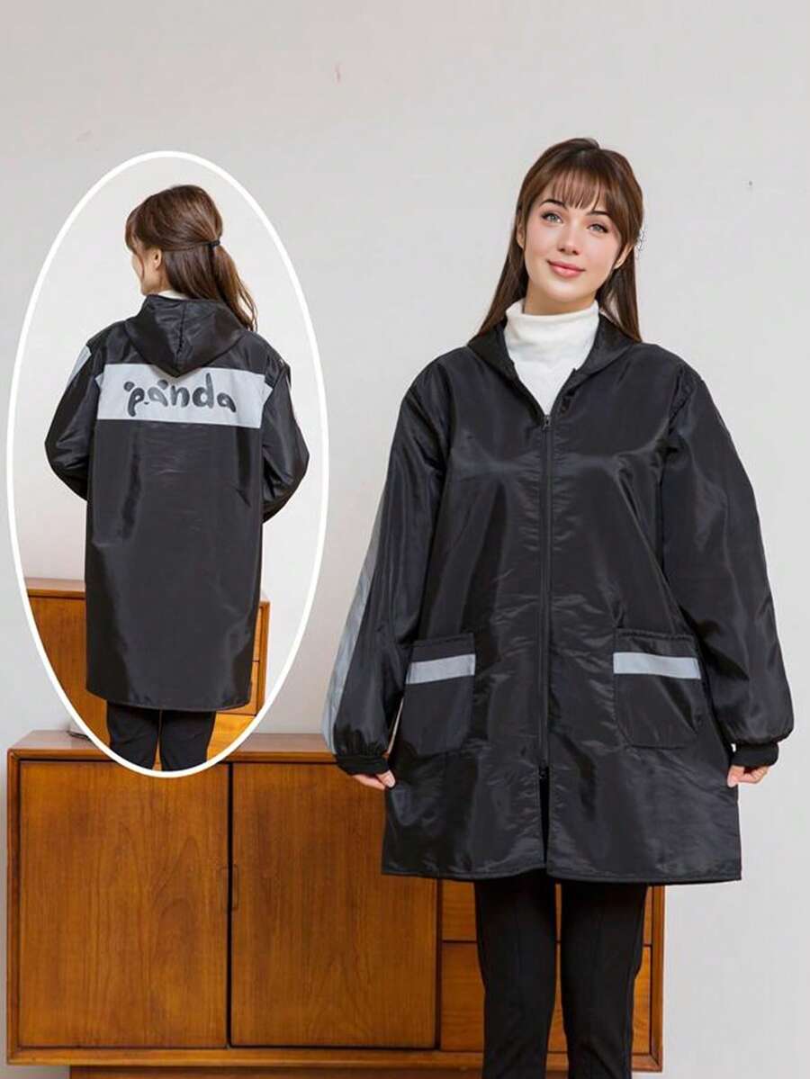 Hooded Waterproof Apron, Practical Minimalist Panda Print Design, Windproof And Oil-Resistant, Reflective Strip For Safety, Suitable For Cooking, Cycling, And Daily Chores! - Women's Raincoat - View 1