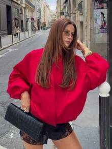1pc Women's Solid Color Fashion Casual Loose V-Neck Long Sleeve Aviator Stand Collar Jacket, Suitable For Autumn Wear - Red - View 1