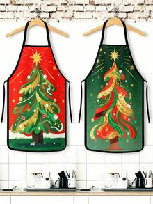 2Pcs Abstract Christmas Tree Kitchen Apron Set, Red & Green Background Artistic Stylized Xmas Tree Print Waterproof Adjustable Bib Aprons, Festive Holiday Cooking Baking Aprons, Cute Christmas Gift For Home Kitchen Decor - Multicolor - View 2