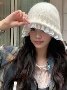 1pc Women's Korean Style Lace Trim Knitted Bucket Hat, Autumn/Winter, Sweet Warm Versatile Face-Slimming Wool Bucket Hat - Multicolor - View 5
