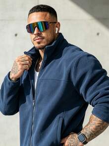 Men's Polar Fleece Casual Solid Color Long Sleeve Jacket, Versatile For Autumn/Winter - Navy Blue - View 6