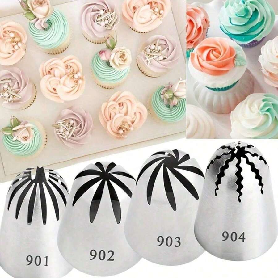4-Piece Set Of Large Patterned Mouth Set 901 902 903 904 Cake Decoration Nozzle Cake Cupcake Baking Pan Decoration Baking Tools Patterning Tools Cake Tools Cream Biscuit Kitchen Gadget - Multicolor - View 1