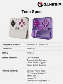 GameSir Pocket Taco Retro Gaming Controller IOS Android Phone Mobile Gamepad For Switch 2/1 Via Bluetooth Connection Vertical Handheld Gaming Experience Portable 600mAh Battery Lightweight Off White And Atomic Purple - View 12
