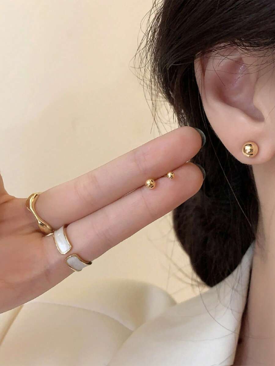 Anting Tusuk Manik Bulat Minimalis Fashion Anting Mini Kecil Anting Tusuk untuk Pria dan Wanita - Yellow Gold - View 1