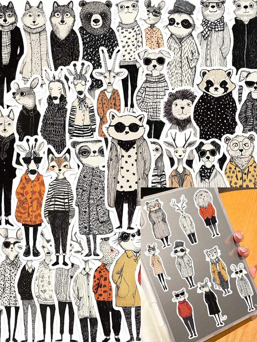 50pcs/Pack Retro Cartoon Fashion Animals Aesthetic Stickers, Decorative Decals For Stationery Notebook Phone Scrapbook Laptop Guitar Luggage Decals - Multicolor - View 1