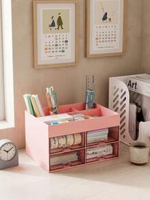 1pc Storage Box With Drawer, Desk Organizer For Pens, Stationery, Business Cards, Memo Pads, Paper Clips, Cosmetics And School Supplies, Back To School Gift - Multicolor - View 7
