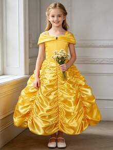 Vestido amarillo formal de princesa para niña joven con detalles plisados - Multicolor - Ver 4
