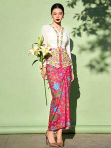 1pc Floral Print Elegant Nyonya Kebaya Skirt For Women, Spring/Summer, Magenta Skirt (Top Not Included) - Hot Pink - View 6