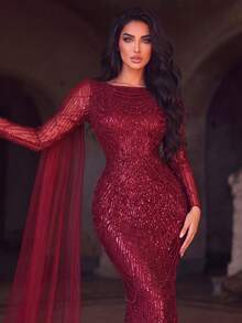 Faeriesty Women's Elegant Long Sleeve Beaded Evening Gown - Sheer Draped Cuffs, Sequin Embellished Mermaid Silhouette, Fitted Flared Hem, Suitable For Luxury Weddings, Red Carpet Events And Formal Dinners Party - 酒紅色 - 查看 4
