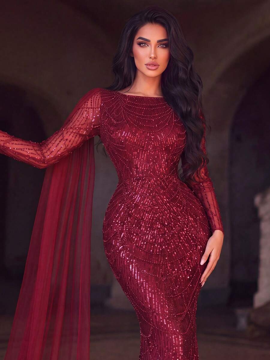 Faeriesty Women's Elegant Long Sleeve Beaded Evening Gown - Sheer Draped Cuffs, Sequin Embellished Mermaid Silhouette, Fitted Flared Hem Fall Wedding Party