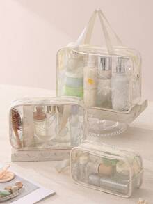 1/3pcs Waterproof PVC Travel Toiletry Bag, Portable Large Capacity Travel Storage Makeup Bag, Multi-Functional Transparent Zipper Makeup Bag Set, Shell Print Beach Bag, Back To School Holiday Essential, Lightweight Storage, Durable And Fashionable, Suitable For Home Use - Ocean World - View 1