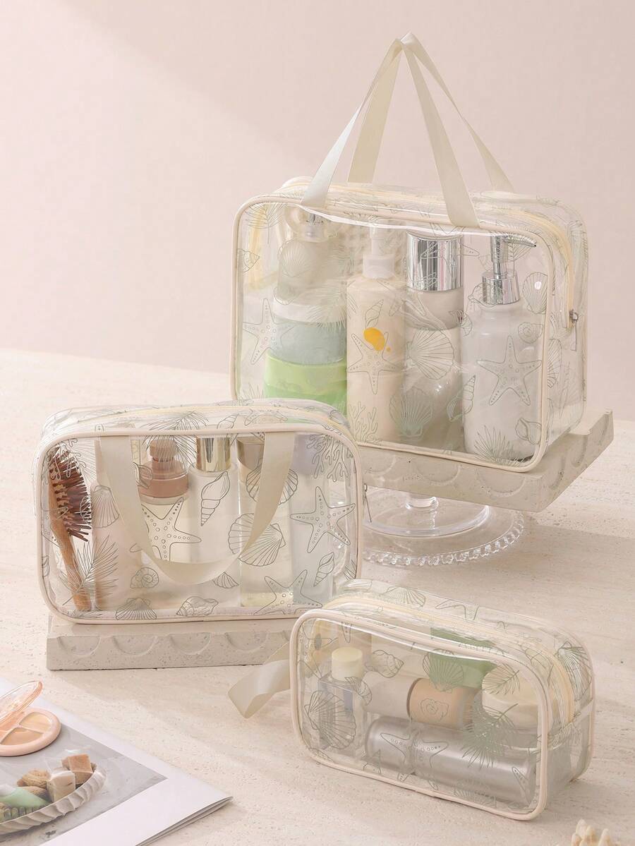1/3pcs Waterproof PVC Travel Toiletry Bag, Portable Large Capacity Travel Storage Makeup Bag, Multi-Functional Transparent Zipper Makeup Bag Set, Shell Print Beach Bag, Back To School Holiday Essential, Lightweight Storage, Durable And Fashionable, Suitable For Home Use - Ocean World - View 1