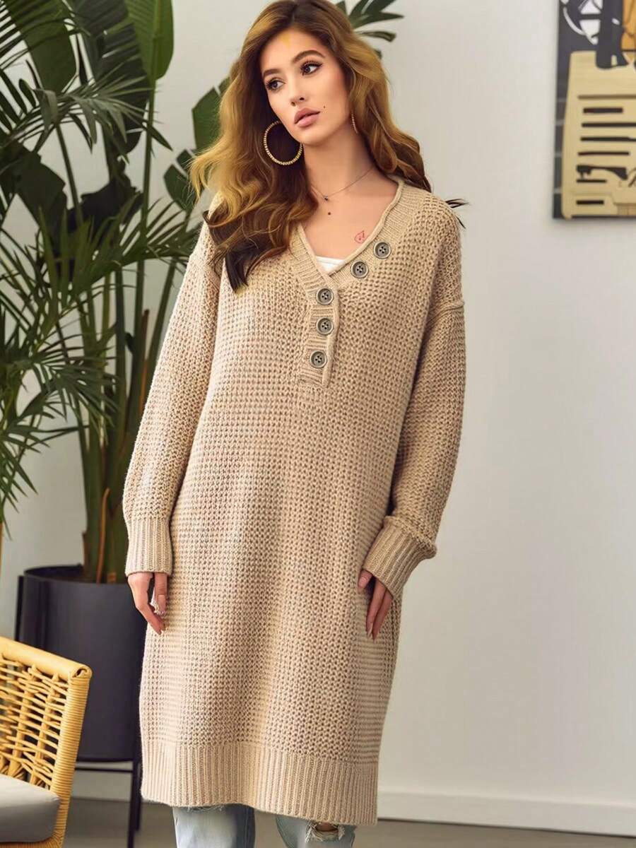 Plus Size Khaki V-Neck Button Sweater Dress, Long Sleeve Plus Size Knit Tunic With Ribbed Hem For Fall Winter Casual Wear