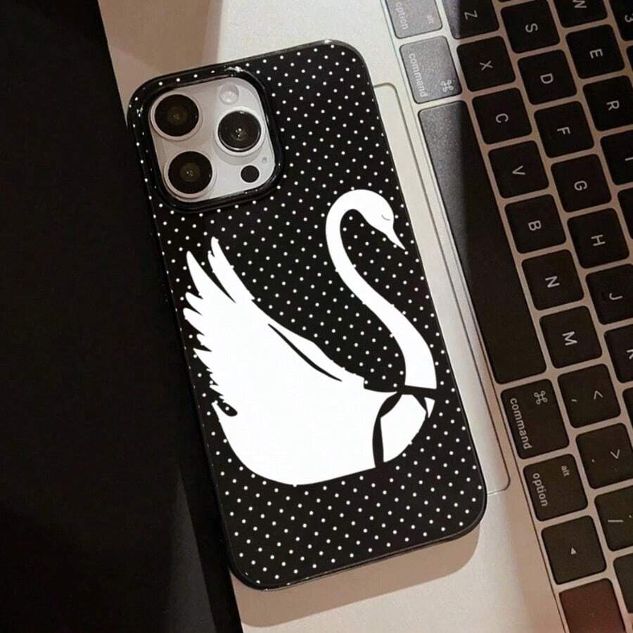 1件個性化天鵝波點美學圖案黑色液態直邊手機殼,適用於 iPhone 16/16 Pro/16 Plus - 彩色 - 查看 1