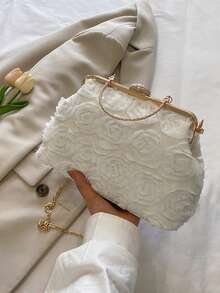 Dedoo 3D Rose Oval Hard Frame Clutch, Rhinestone Kiss Lock, Detachable Chain, Sweet Romantic Women's Handbag, Suitable For Bride Formal Occasions (Random Pattern) - White - View 4