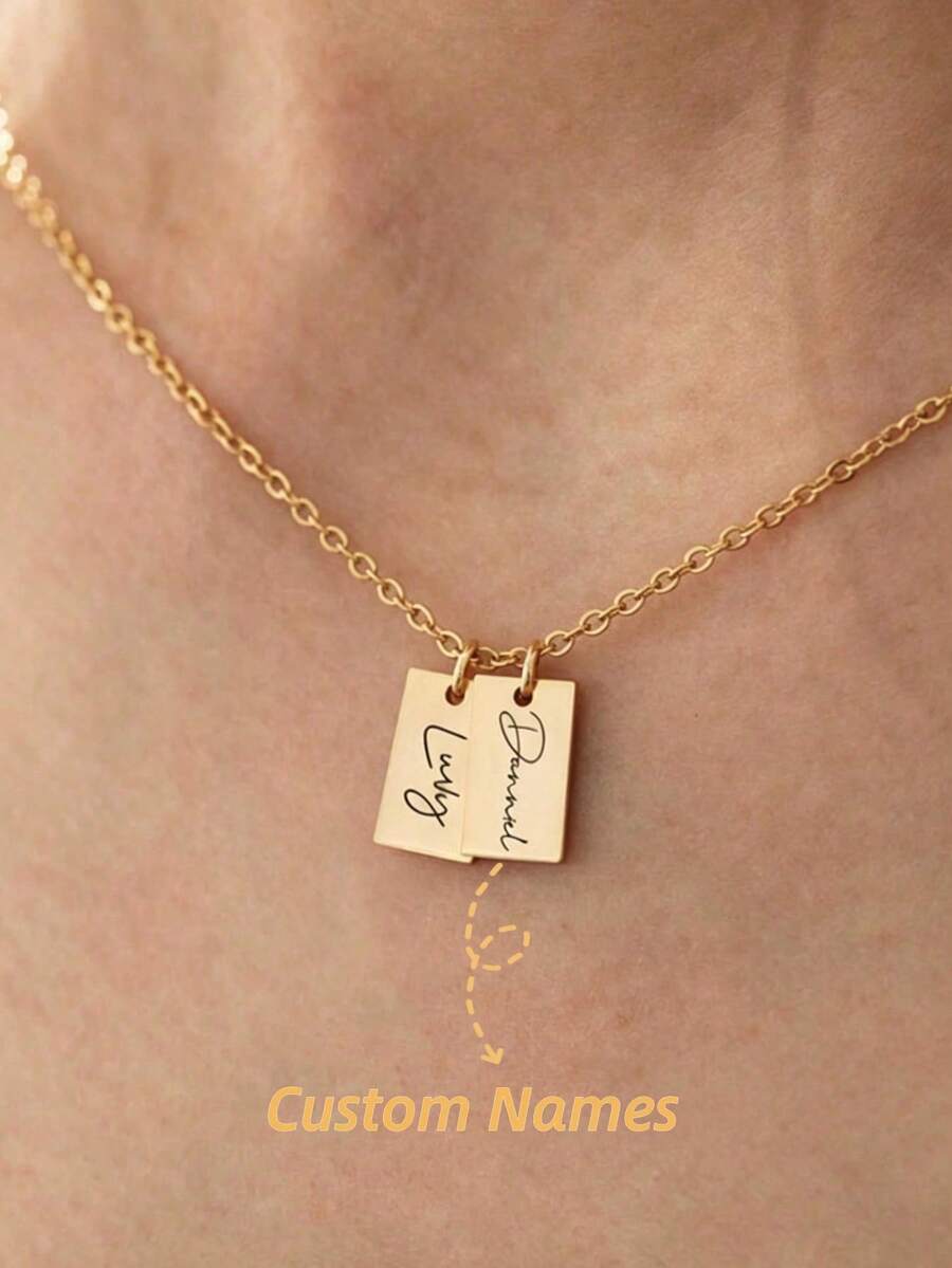 Personalized Name Necklace, Can Engrave 1-3 Names, Minimalist Square Pendant, Customizable Multiple Square Charms, Anniversary Gift For Friends, Handmade Customized Jewelry - Multicolor - View 1