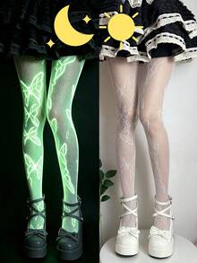1 Pair Women's All-Season Versatile Fishnet Tights, Glow-In-The-Dark Luminous Halloween Easter Niche Party Personalized Pantyhose - White - View 6