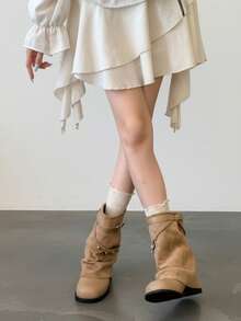 Woven Rope Ruched Mid-Calf Boots, Plus Size Women's Round Toe Casual Vibe Ankle Boots - Khaki - View 4
