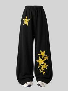 Lurzo Autumn/Winter Y2K Girls Retro Wide Leg Straight Pants, Asymmetrical Star Print, Elastic Waistband, Soft Fabric, Suitable For Campus, Outdoor And Street - Black - View 3