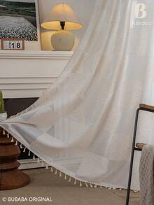 Bubaba Boho Textured Sheer Curtain Panel With Tassel Trim, Beige Patchwork Voile Window Drapes For Living Room, Bedroom And Farmhouse Decor - Beige - View 7