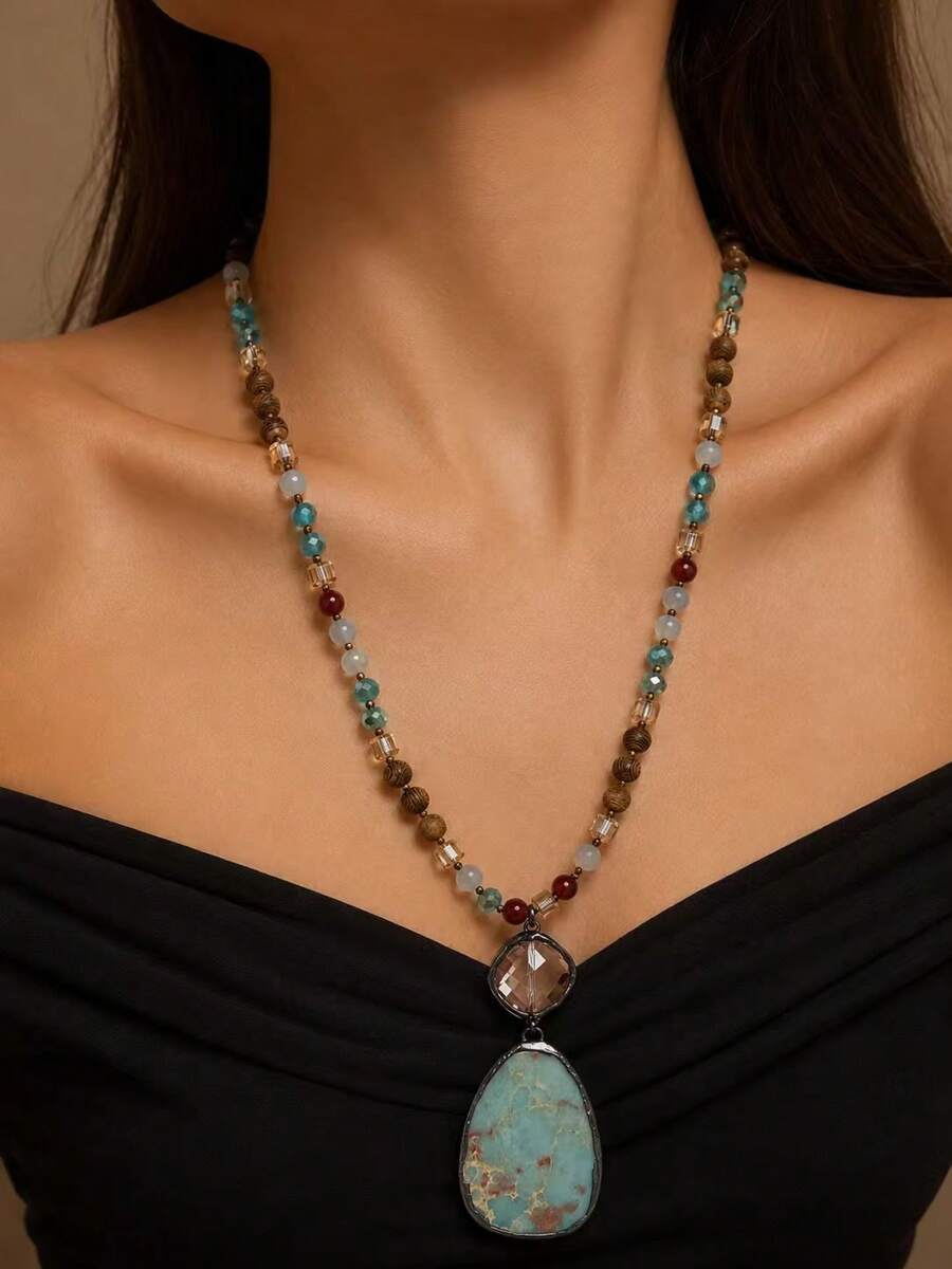 1pc New Spring Bohemian Vintage Natural Stone Glass Woven Necklace, Glass Connected Square Imperial Stone Pendant, Women's Sweater Chain Necklace - NK2634 - View 1