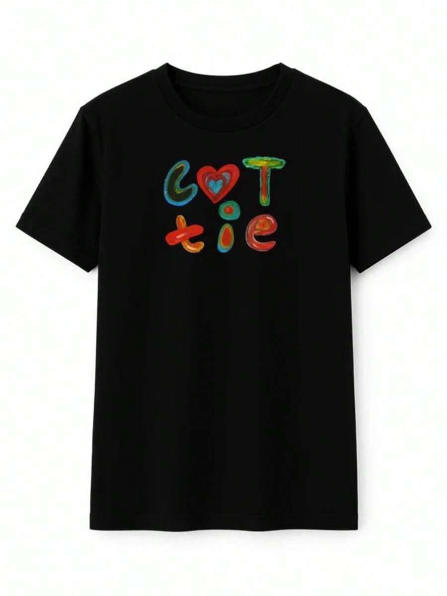 Heart-Shaped Text Pattern Printed Casual Loose Short-Sleeve Summer T-Shirt For Men And Women Top Estivi Particolari - Black - View 1