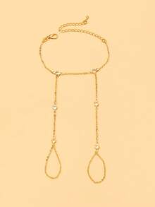 1pc Rhinestone Double Finger Connected Bracelet, Adjustable Design, Party Fashion Double Finger Back Hand Chain, Versatile Daily Wear Hand Jewelry - Gold - View 6