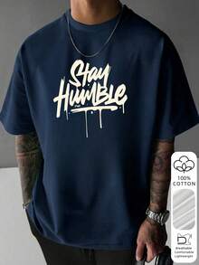 American Street Style Dripping Ink Stay Humble Letter 100% Pure Cotton Loose Short Sleeve Men's Summer Versatile T-Shirt - Navy Blue - View 2