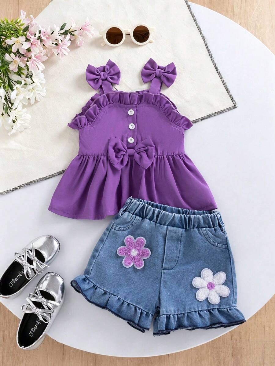 2pcs Baby Girl Summer Cute Bowknot Strap Top And Floral Decor Shorts Set, Fashionable Outfit For Daily, Outdoor, Commute, Vacation, Party, Photoshoot - Purple - View 1