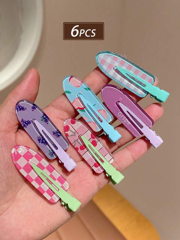 6pcs 2.36inch/6cm Women's Sweet Fruit Plaid Print Alligator Hair Clips, Rectangular No-Crease Bangs Clips Side Hair Clips Versatile Hair Accessories, Suitable For Daily Commute, Dating, Gift Recommendation