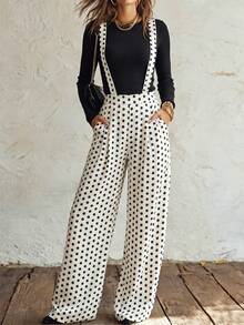 Women's Two Pieces Outfit: Stretchy Top & Non-Stretch Polka Dot Suspender Wide Leg Pants For Casual Office Daily - Black and White - View 10