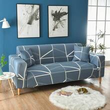 1pc Geometric Print Elastic Full Cover Sofa Slipcover, Modern Style Polyester Fabric, Sofa Home Protection Cover, Machine Washable, All Season - Navy Blue - View 8