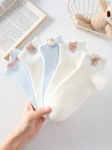 4 Pairs Women's Cute Sweet Breathable Cartoon Bear Pattern Short Invisible Boat Socks, Ankle Socks And Short Socks, White Socks, Blue Socks, Preppy Style, Back To School Season, Suitable For Daily Casual Wear, Random Style, Suitable For Spring, Summer, Autumn And Winter - Multicolor - View 6