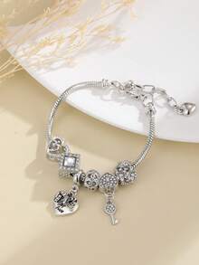1pc Women's Daily Wear Valentine's Day Snake Chain Heart-Shaped Paw Print Rhinestone Romantic Silver & Pink Charming Bracelet - Multicolor - View 6