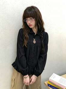 Early Autumn Pleated Patchwork Button-Down Turn Collar Loose Solid Color Ruffle Long Sleeve Blouse For Women - Black - View 1
