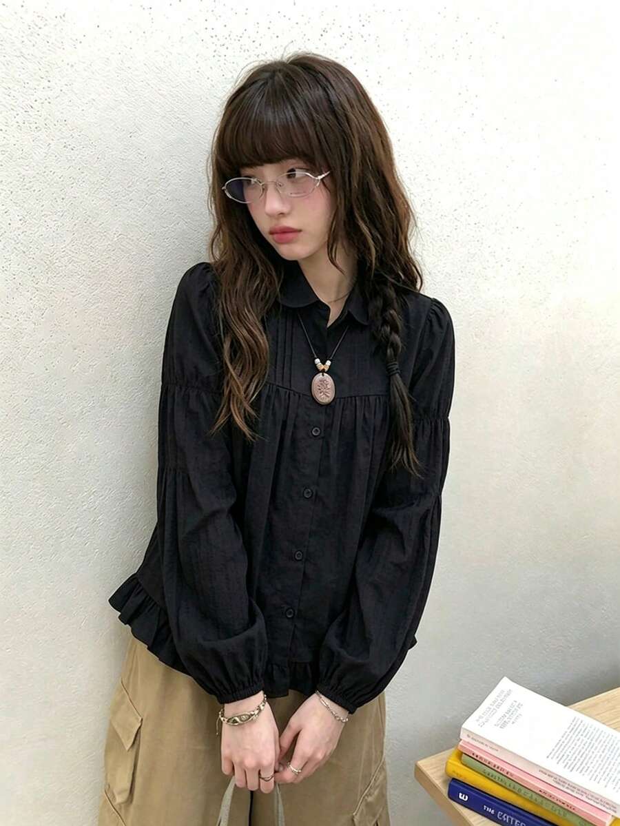 Early Autumn Pleated Patchwork Button-Down Turn Collar Loose Solid Color Ruffle Long Sleeve Blouse For Women - Black - View 1