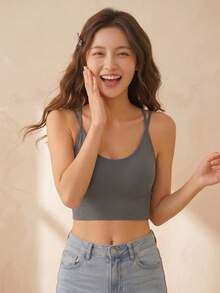 1pc Seamless Cross Back Solid Color Wireless Push-Up Comfortable Sports Bra Lifting Everyday Underwear - Dusty Blue - View 2