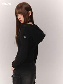 CHUU Fleece Hooded Casual Y2K Sweet Cool Long Sleeve Autumn/Winter Sweatshirt Knit Sweatshirt, Inner Layer Or Outer Wear - Black - View 2