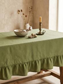 1pc Green Background White Polka Dot Pattern Ruffle Edge Tablecloth, Fresh Natural Style, Rectangular With Ruffle Edge And Pleated Detail, Decorative And Functional For Home Dining - Green - View 9