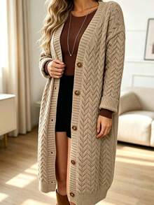 Cárdigan de punto de unicolor informal para mujer talla grande, invierno - Caqui - Ver 1