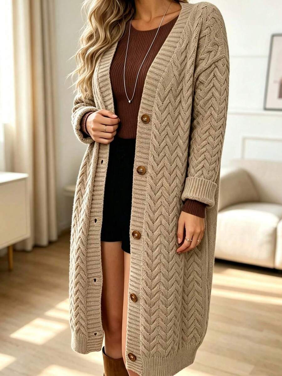 Cárdigan de punto de unicolor informal para mujer talla grande, invierno - Caqui - Ver 1