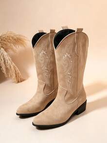 女款新款美式復古刺繡高跟粗跟騎馬靴、牛仔靴、刺繡酷時尚高筒靴、靴子 - 卡其色 - 查看 4