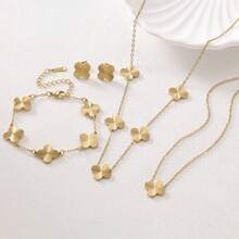 1 Set Premium Fashion Handmade Polished Stainless Steel Four-Leaf Clover Necklace, Bracelet, Earring Set For Women Daily Wear Jewelry - Yellow Gold - View 9