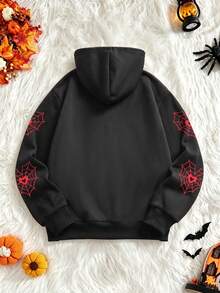 Lurzo Boys Gothic Style Halloween Zipper Hoodie, Red Spider Web Pattern Zip-Up Jacket, Easy To Put On And Take Off, Suitable For Daily/Halloween Wear - Black - View 5