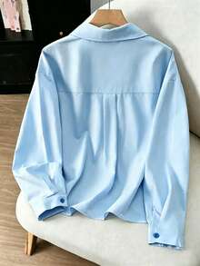 Women's Embroidered Letter Front Button Office Shirt - Baby Blue - View 5