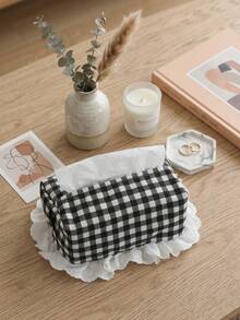 1Pc Tissue Box Cover & Fabric Napkin Holder, Plaid Lace Edge Cute Tissue Storage Box, Aesthetic Decorative Organizer For Bathroom Bedroom Living Room Car Office, Home Room Decor Supplies - View 5