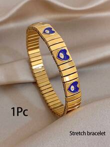1Pc/Set Golden Stainless Steel Retro Evil Eye Heart Enamel Charm Stretch Bangle Bracelet For Women,Y2K,Daily/Boho/Party,Christmas, Valentine Birthday - Multicolor - View 10