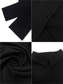Blusa casual de manga larga con botones y bajo curvo de unicolor negro para primavera - Negro - Ver 6