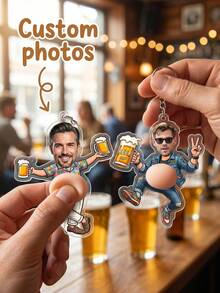 1pc Custom Photo Beer Guy Keychain, Personalized Cartoon Man Key Ring, Funny Beer Lover Fidget Keychain Gift For Men Dad Husband Bachelor Party Presen - Multicolor - View 1