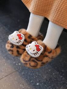 Hello Kitty 女童毛絨室內拖鞋 新款豹紋小貓款 秋冬加厚柔軟保暖 包頭鞋 - 卡其色 - 查看 5